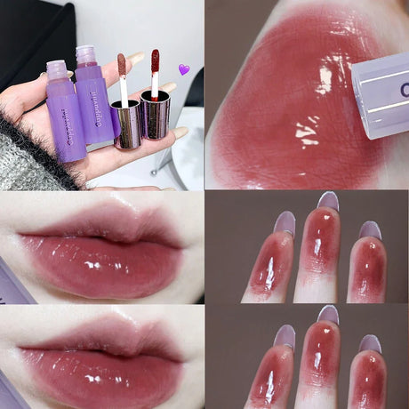 Water Light Lip Gloss Purple Mulberry Mirror Glass Lip Glaze Moisturizing Plump Lip Non Stick Cup Waterproof Long Lasting Makeup