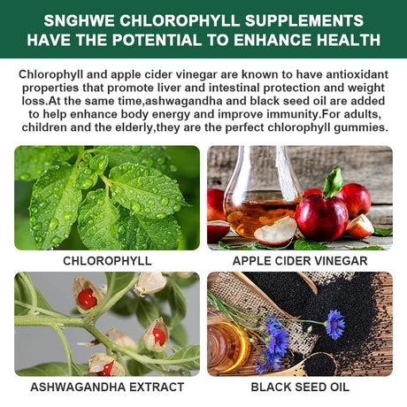 Chlorophyll Gummies-with ACV, Vitamin D3, C, E, B12 -Natural Deodorant, Energy Boost, Immune&Digestion Support, Vegan 60 Candies