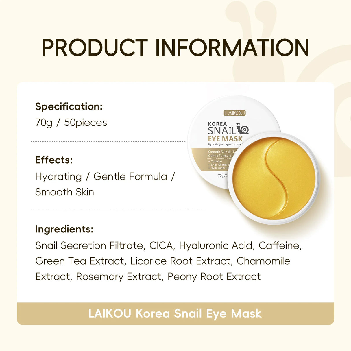 LAIKOU Snail or Sakura Under Eye Mask Anti Aging Hydrating Reduce Dark Circles Puffiness 50 Pieces for Daily Eye Care