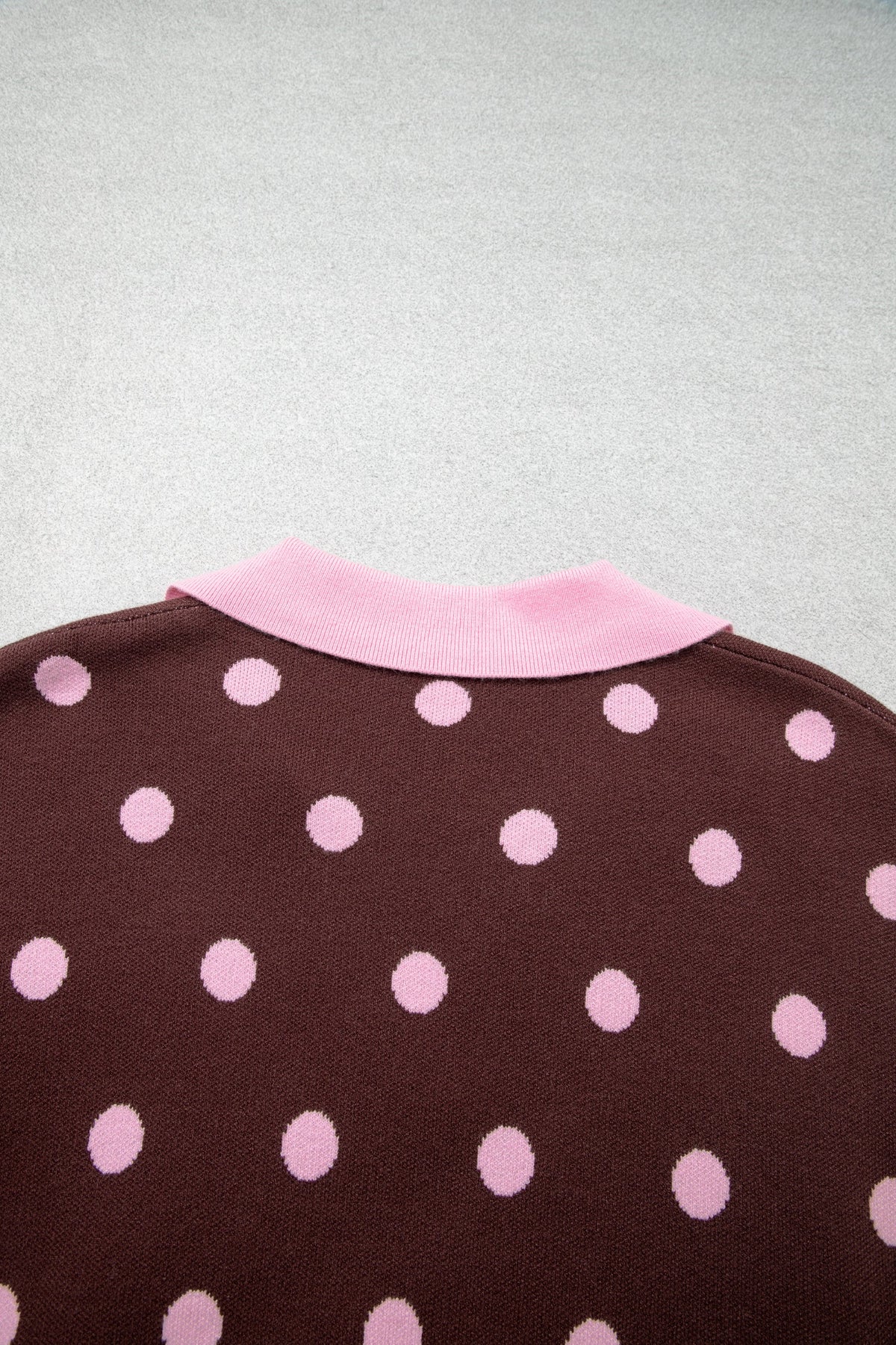 Pink Polka Dot Pattern Color Block Collared Loose Pullover Sweater