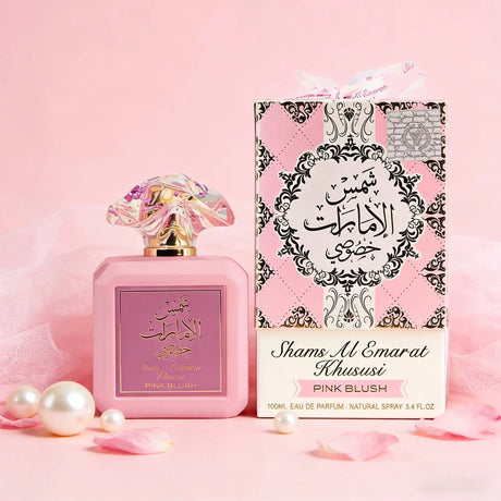 Ard al Zaafaran Pink Blush Shams Al Emarat Khususi， Cotton candy powder blusher women's perfume, light essence -100ml (3.4oz) romantic and sweet Arabian perfume - charming fragrance, pink bottle packaging