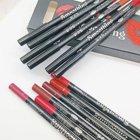 12 Colors Lip Liner Pen Set Fashion Black Rod Waterproof Non-stick Cup Easy To Color Lipstick Pen Makeu
