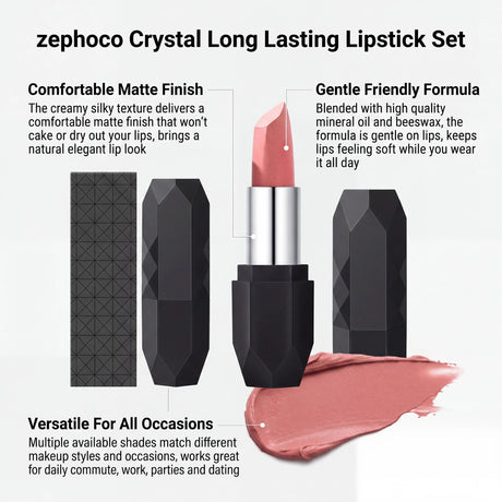 Zephoco Matte Long-Wear Lipstick Tint Crystal Shape 3 Colors High Pigment Waterproof Transfer-Proof Moisturizing Classic Fashion Shades