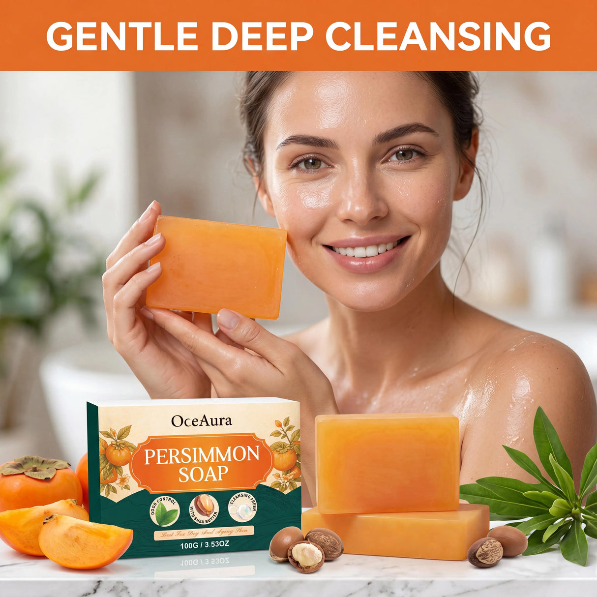 Oceaura Persimmon Soap Bar Body Odor Control Moisturizing Skin Keep Brighten Long-Lasting Freshness Daily Cleansing Fruit Handmade Shower Soap