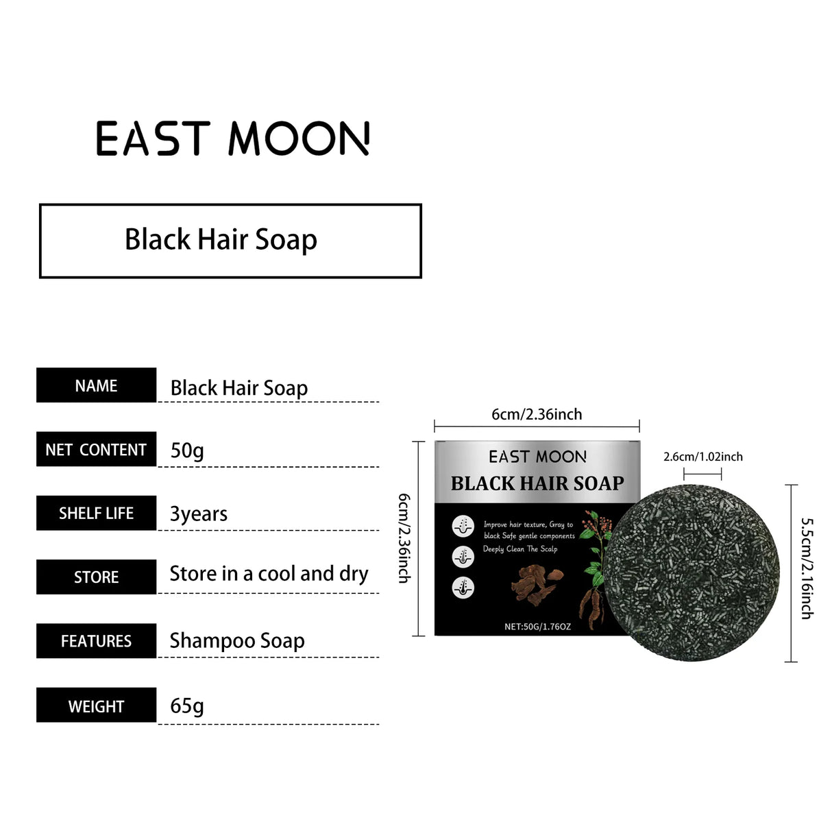 East Moon Bamboo Charcoal Hair Darkening Shampoo Soap Repair White Hair Dye Nourish Oil Control Improve Gray Hair Shampoo Soap
