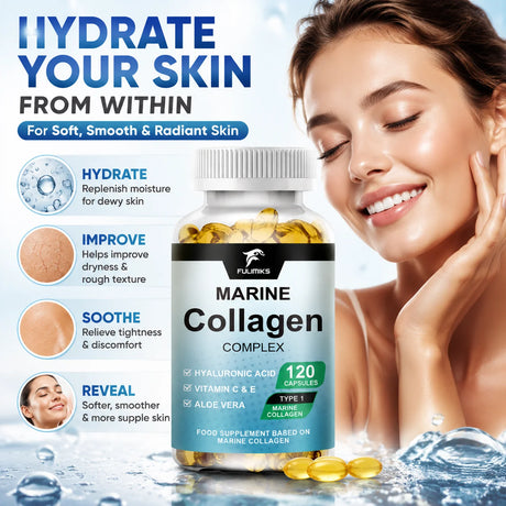 Marine Collagen Complex Capsules, Hydrolyzed Peptides for Skin Elasticity, Hair, Nails, Joint & & Bones Health, Glowing Beauty