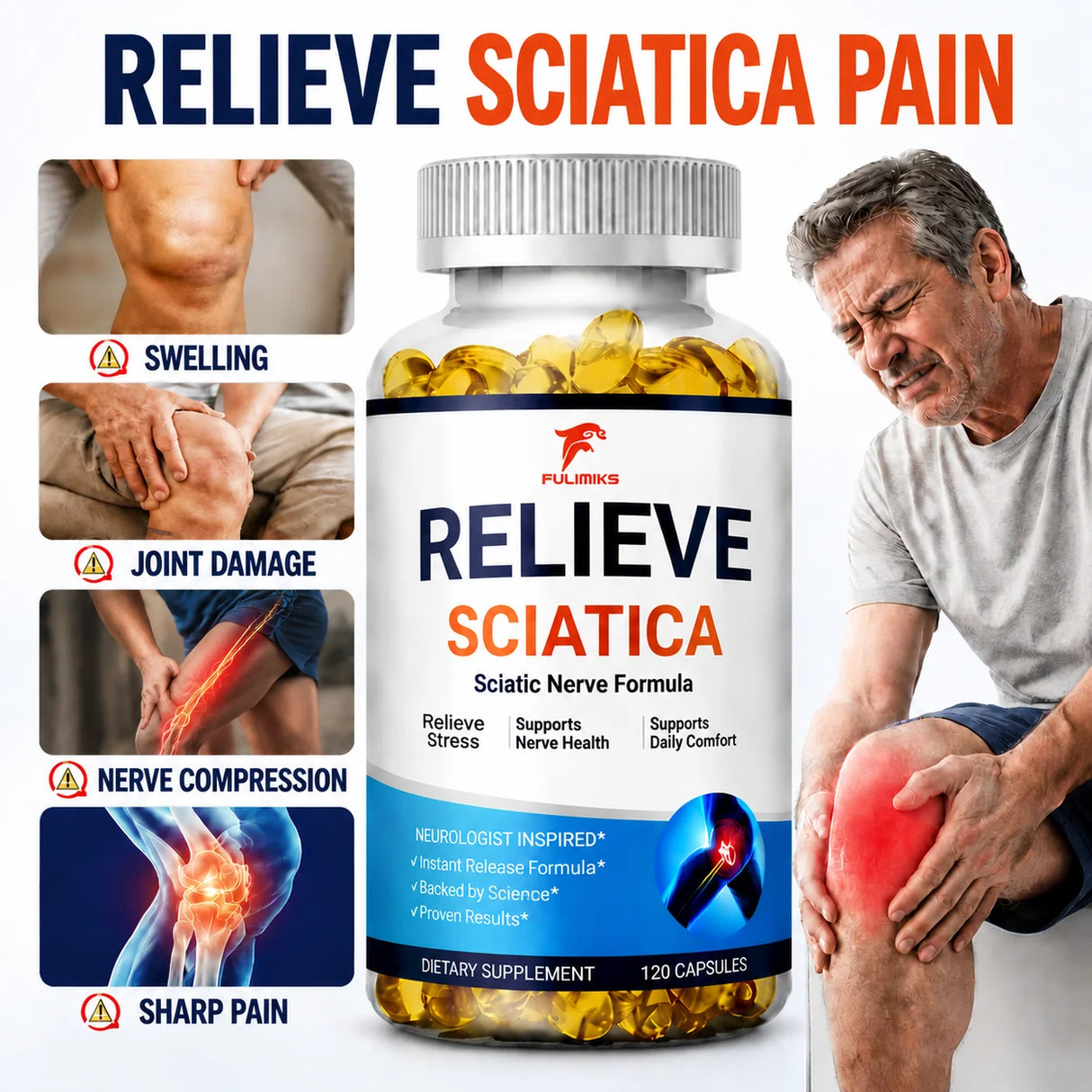 Relieve Sciatica Capsules, Support Lower Lumbar Sciatic, Hip, Thigh, Leg, Foot, Nerve & Joint Health, Relax Muscles, Flexibility
