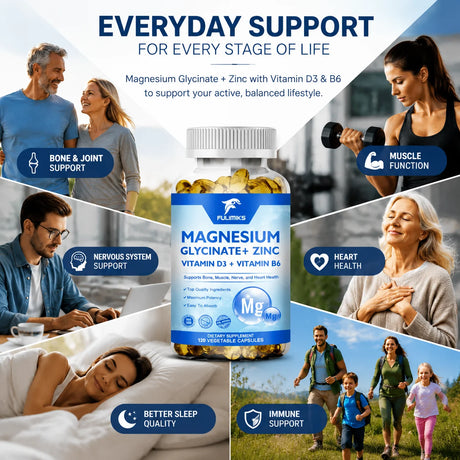 Magnesium Glycinate + Zinc Supplement Capsules, High Absorption, Support Sleep Health, Bone Joint, Brain, Strengthen Immune