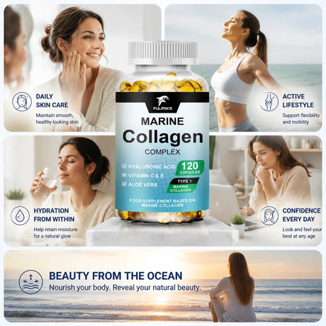 Marine Collagen Complex Capsules, Hydrolyzed Peptides for Skin Elasticity, Hair, Nails, Joint & & Bones Health, Glowing Beauty
