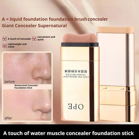OPE Foundation Stick with Built-in Brush, Light Sheer Water-Glass Finish, Moisturizing 2-in-1 Concealer, Long Lasting Coverage