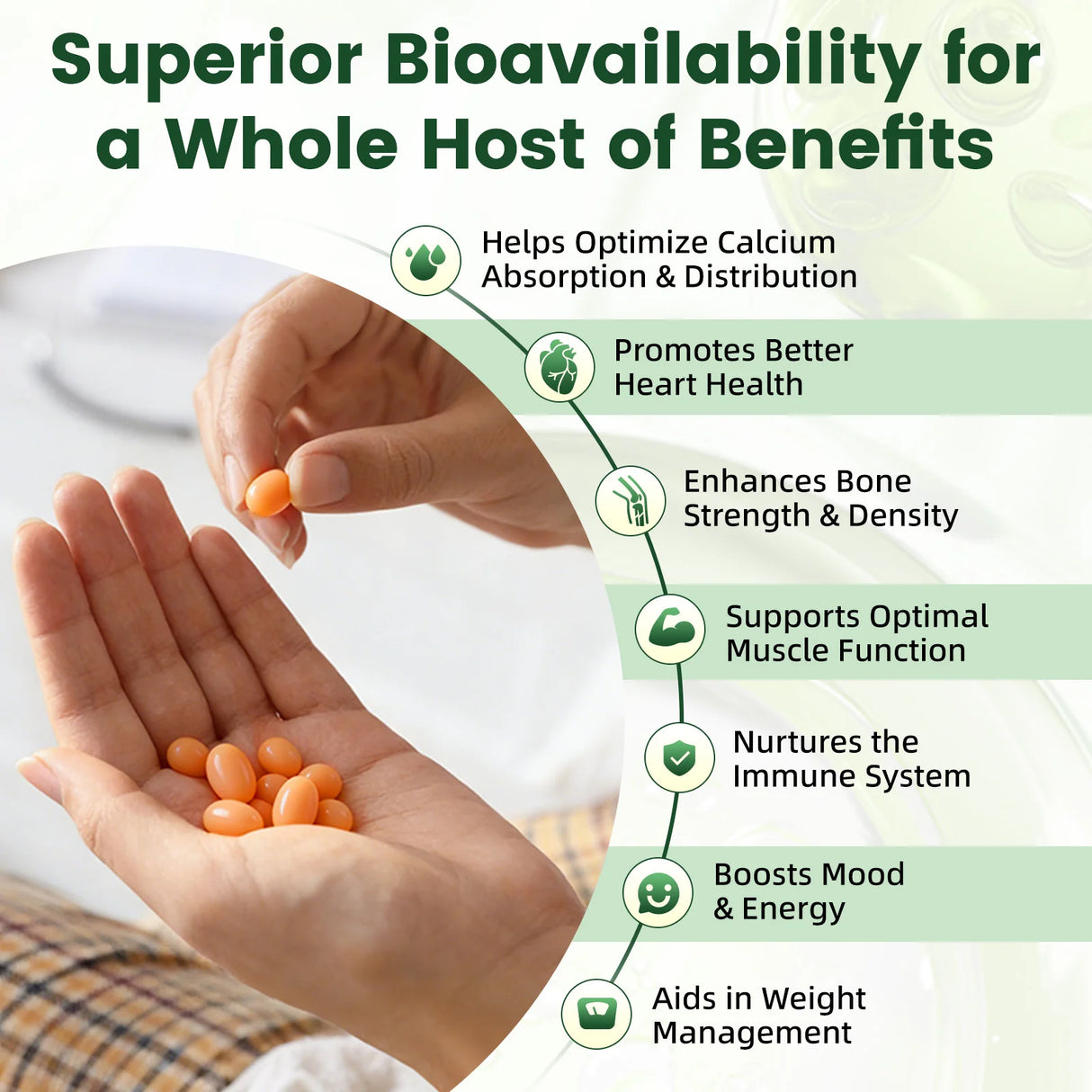 BEWORTH Vitamin D3K2 Calcium Capsules Support Immune Heart，Muscle & Bone Health Help Optimize Calcium Absorption & Distribution