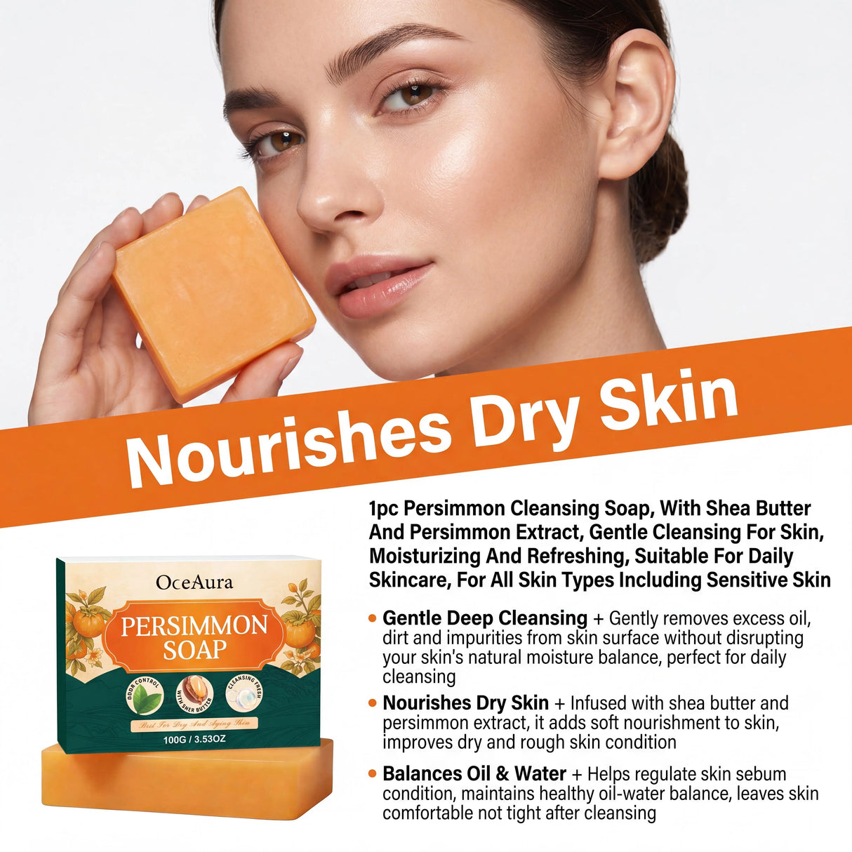Oceaura Persimmon Soap Bar Body Odor Control Moisturizing Skin Keep Brighten Long-Lasting Freshness Daily Cleansing Fruit Handmade Shower Soap