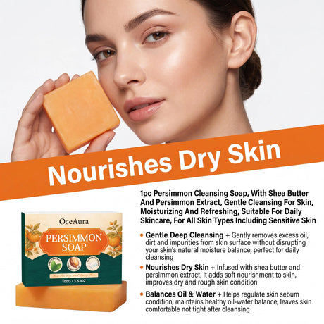 Oceaura Persimmon Soap Bar Body Odor Control Moisturizing Skin Keep Brighten Long-Lasting Freshness Daily Cleansing Fruit Handmade Shower Soap
