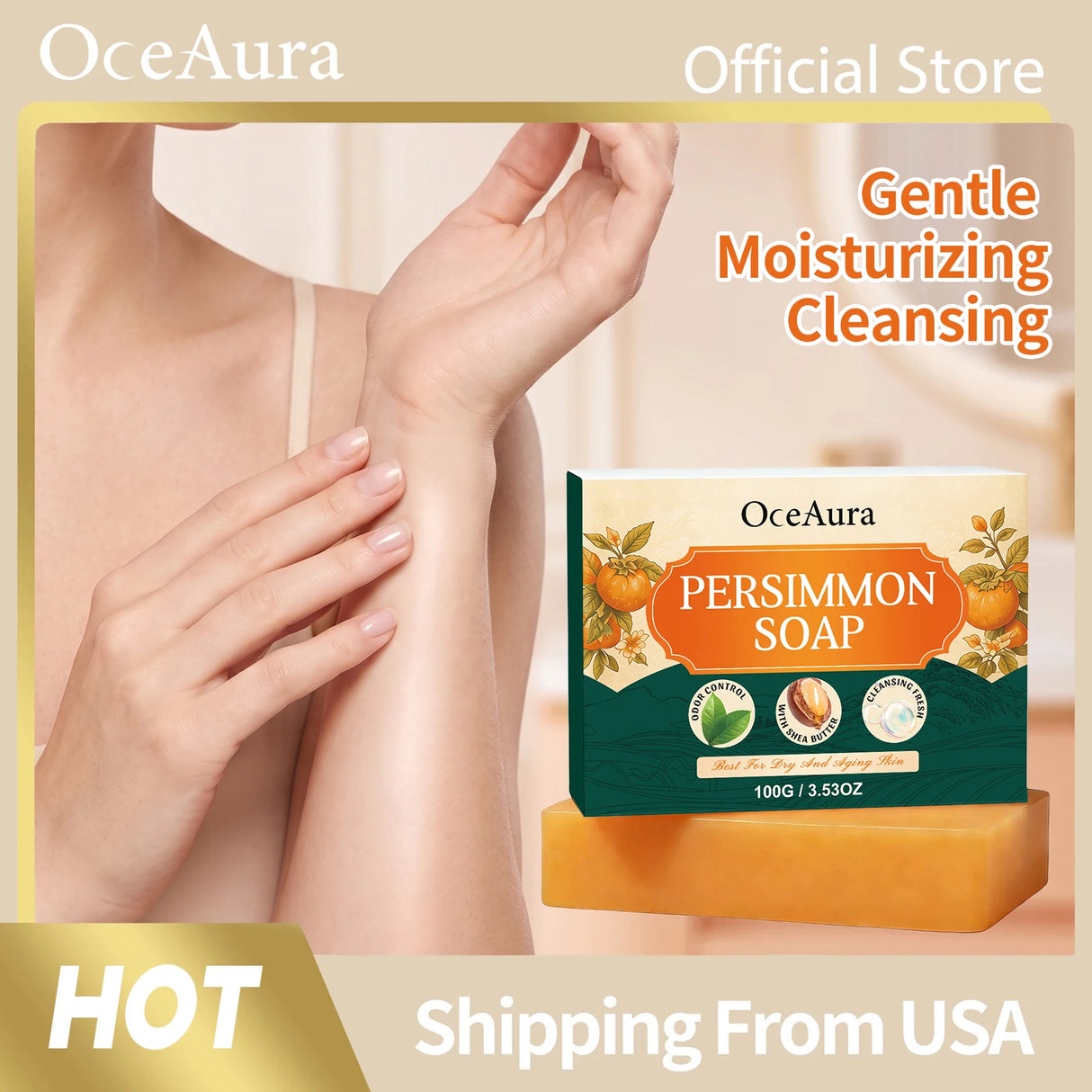 Oceaura Persimmon Soap Bar Body Odor Control Moisturizing Skin Keep Brighten Long-Lasting Freshness Daily Cleansing Fruit Handmade Shower Soap