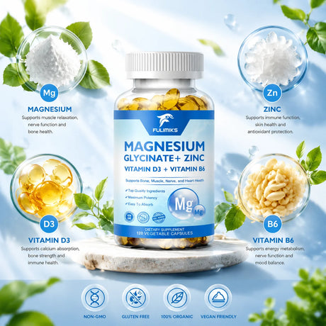Magnesium Glycinate + Zinc Supplement Capsules, High Absorption, Support Sleep Health, Bone Joint, Brain, Strengthen Immune