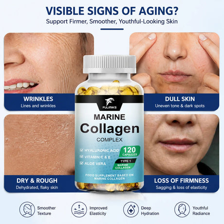 Marine Collagen Complex Capsules, Hydrolyzed Peptides for Skin Elasticity, Hair, Nails, Joint & & Bones Health, Glowing Beauty