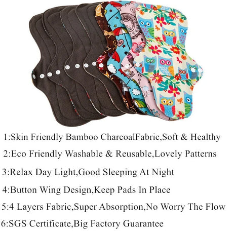 10pcs Organic Bamboo Charcoal Washable Hygiene Menstrual Pads Heavy Flow Sanitary Pads Lady Cloth Pad Reusable Pads