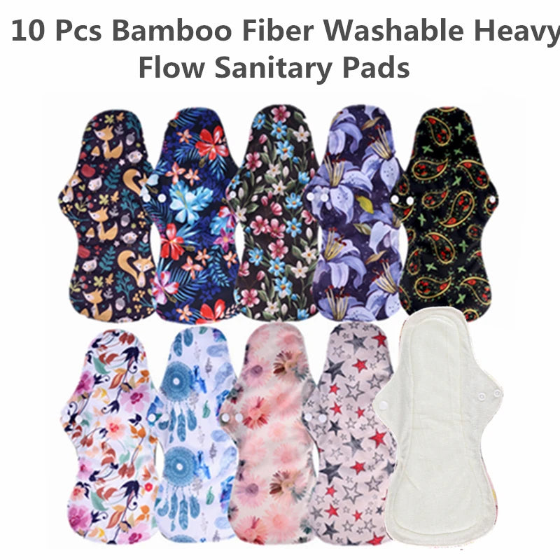 10pcs Organic Bamboo Charcoal Washable Hygiene Menstrual Pads Heavy Flow Sanitary Pads Lady Cloth Pad Reusable Pads