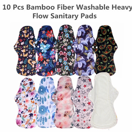 10pcs Organic Bamboo Charcoal Washable Hygiene Menstrual Pads Heavy Flow Sanitary Pads Lady Cloth Pad Reusable Pads