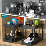 2 Tier Under Sink Sliding Storage Basket Multifunctional Organizer Rack with Hooks Hanging Cup Space-saving for Bathroom Kitchen