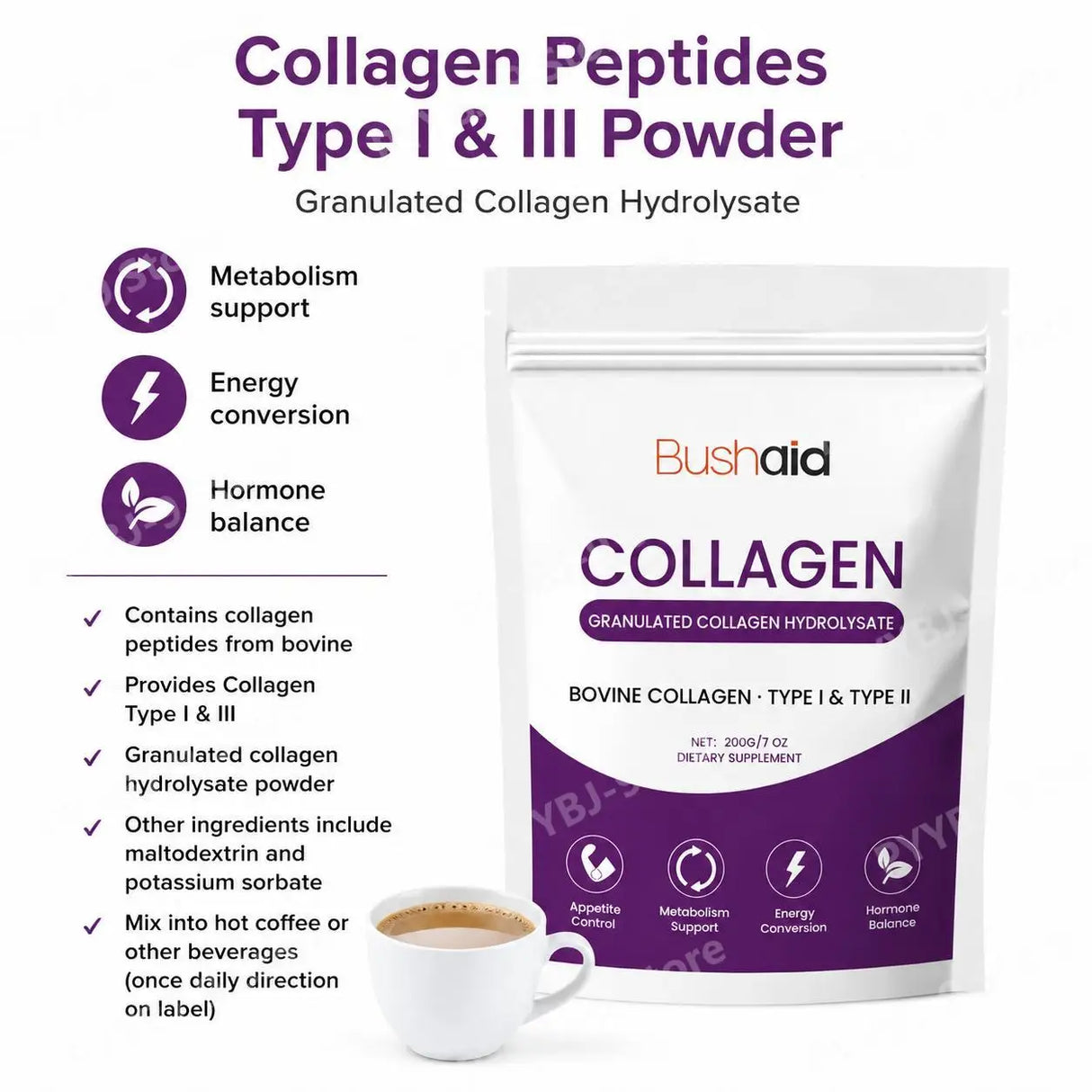 BushAid Collagen Peptide Powder, Bovine Type I & Type II Collagen, Granulated Hydrolysate, Easy To Mix, 200g 30 Servings