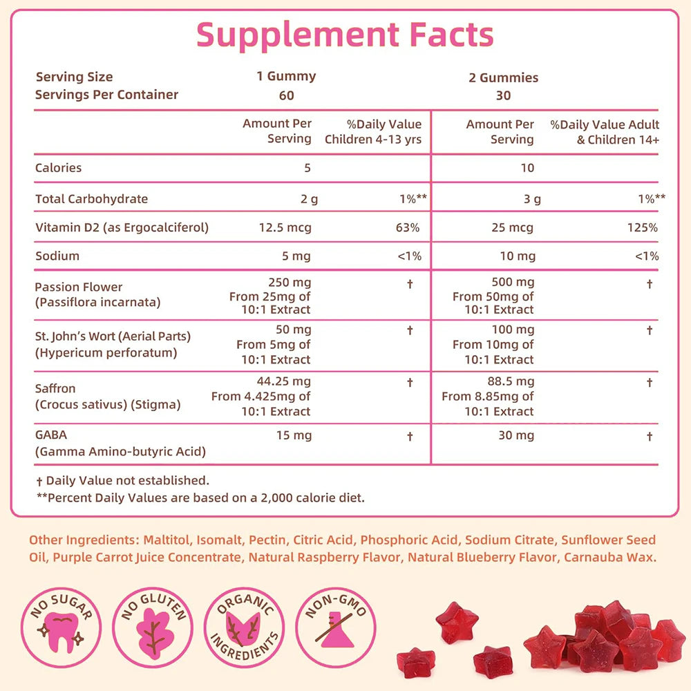 Saffron Gummies for Kids, with Passion Flower, Saffron Extract & GABA, Calm Mood Support Supplement for Focus & Relaxation, Mood
