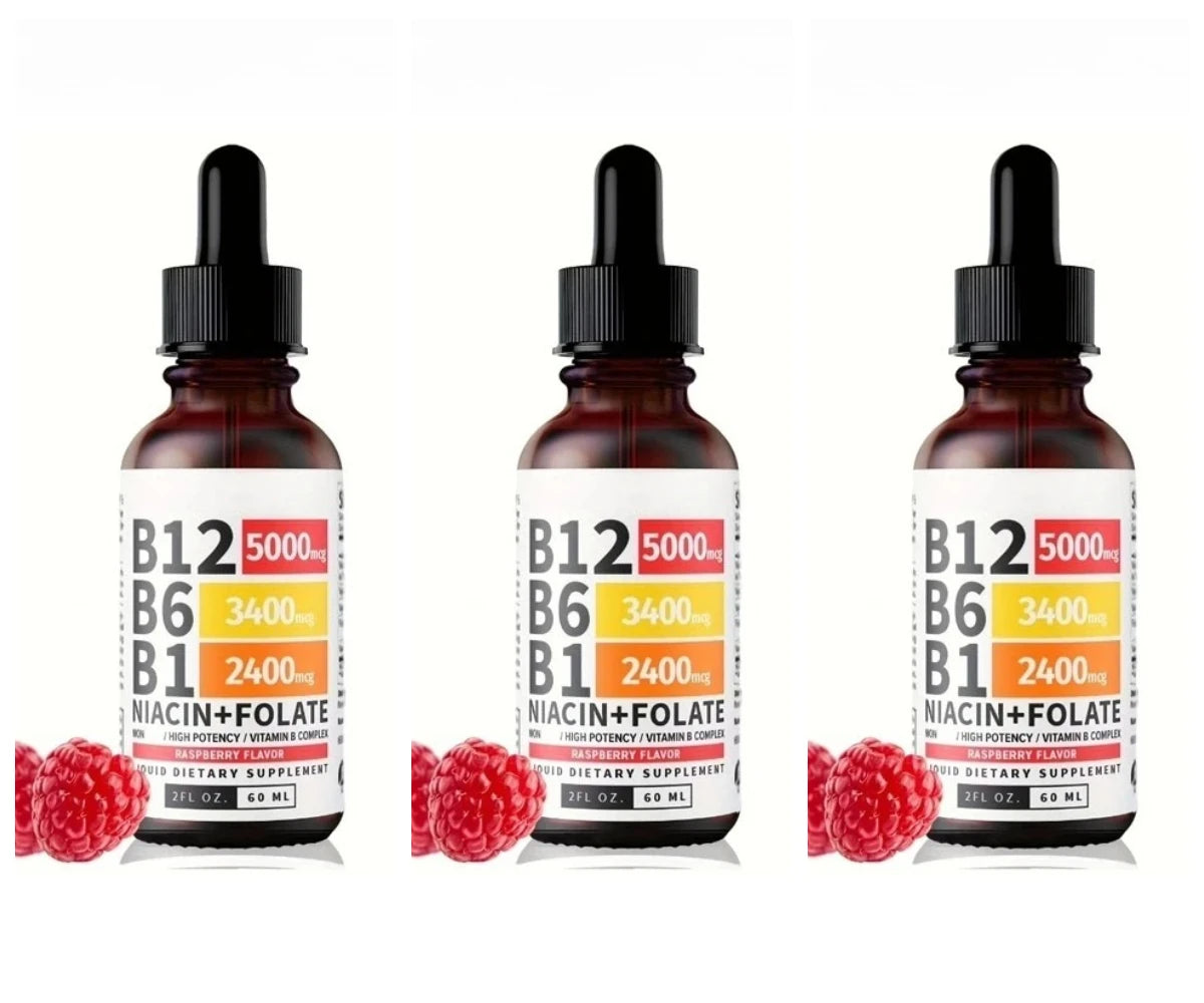 Vitamin B12 Liquid Drops 60ml Raspberry Flavor with Vitamin B6+B1 Etc Multivitamin Support Energy Recovery & Brain,Heart Health