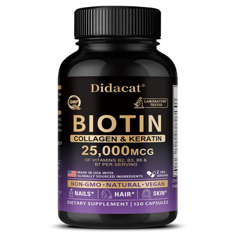 Biotin Vitamins with Collagen & Keratin - 25000 mcg Capsules,B1,B2,B3,B6,B7 Complex,Healthy Nails & Skin,Hair Growth