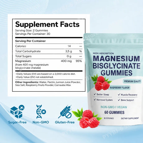 High Absorption Magnesium Bisglycinate Gummies Vegan Raspberry Flavor 60 Count Support Muscle Bone Health Non GMO Gluten Free