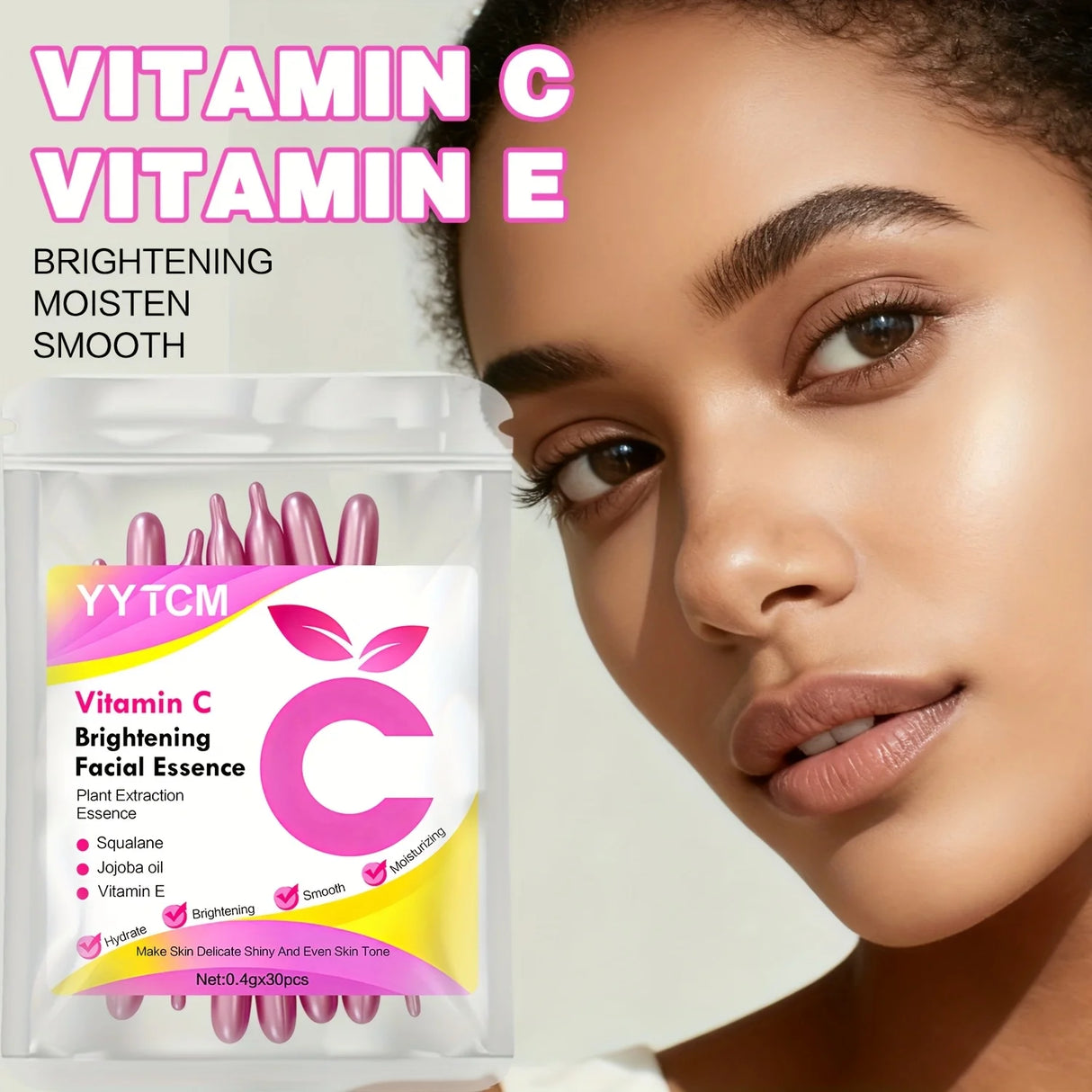Vitamin C Skin-Brightening and Moisturizing Capsule Essence, Hydrates and Smooths the Skin, Contains Plant-Based Squalane, Vitamin E, Magnolia Oil, and Jojoba Seed Oil for Deep Hydration and Skin Brightening Essence (0.4Gx30