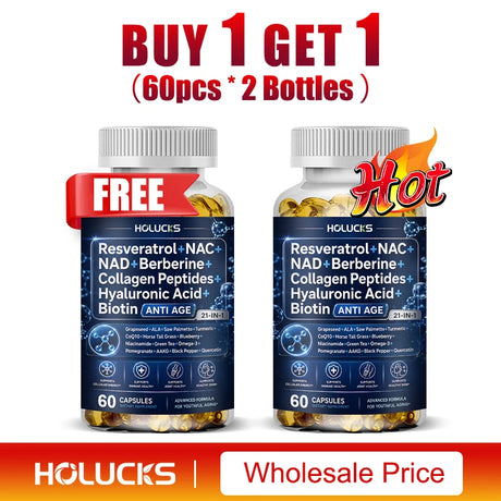 Resveratrol+NAC+NAD+Collagen Peptides+Hyaluronic Acid+Biotin Capsules, Boost Energy & Focus, Anti-Aging, Cellular Vitality