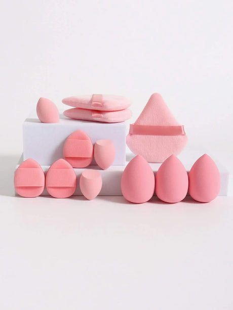 12pcs All-Purpose Makeup Sponges Set Consisting Of 3 Triangular Powder Puffs, 3 Mini Air Cushion Powder Puffs, 3 Water Drop Shaped Makeup Sponge, And 3 Mini Makeup Sponge. Suitable For Liquid Foundation, Powder Foundation, An