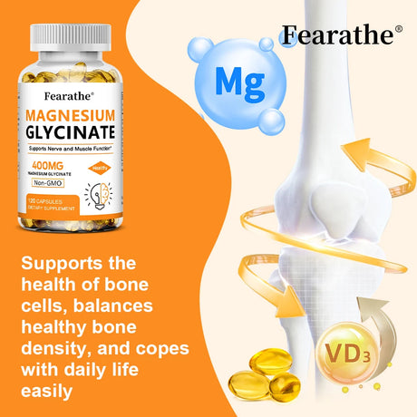 Magnesium Glycinate 400mg Capsules, Support Muscle, Bone, Heart, Nerve, Sleep Quality & Immune System Health, Non-GMO