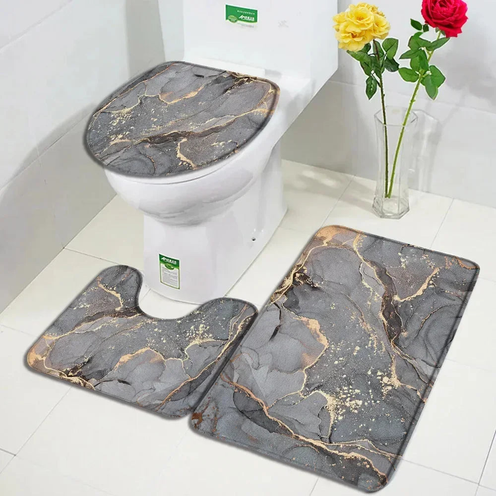 Abstract Marble Bath Mat Sets Modern Geometric Gold Lines Blue Texture Pattern Bathroom Decor Carpet Non-Slip Rugs Toilet Cover