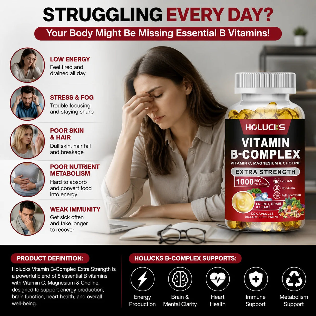 Vitamin B Complex Supplement, Rich in B1, B2, B3, B5, B6, Biotin, Strength Energy, Support Brain & Heart, Promote Metabolism