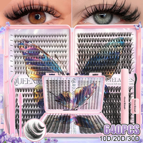 600pcs DIY Eyelash Clusters Kit - 60D 80D 100D 150D, 10-18mm Length Mix | Thick Natural Reusable False Lashes for Doll