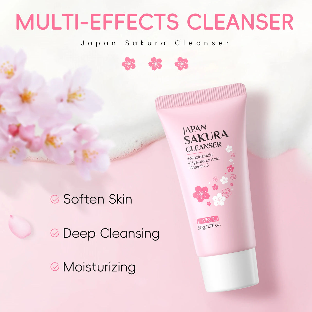 LAIKOU Japan Sakura Facial Cleanser Oil Control Cleansing Face Wash Cream Pore Clean
