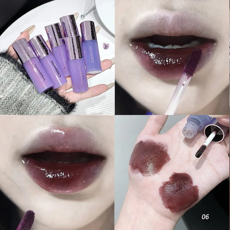 Water Light Lip Gloss Purple Mulberry Mirror Glass Lip Glaze Moisturizing Plump Lip Non Stick Cup Waterproof Long Lasting Makeup