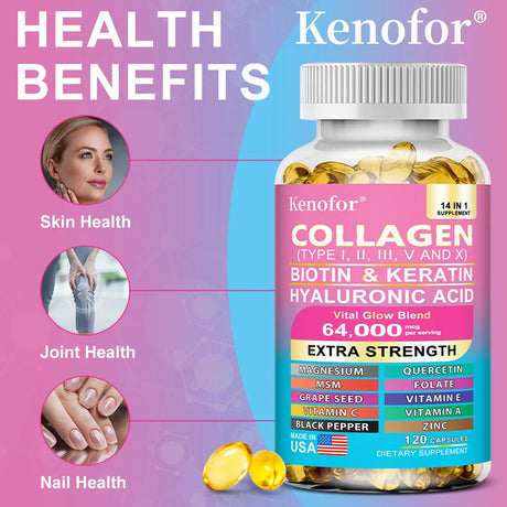 Complex Collagen Capsules, Brighten Skin Tone, Helps Joint, Cartilage & Cardiovascular, Hair, Nails, Digestive Health Supplement