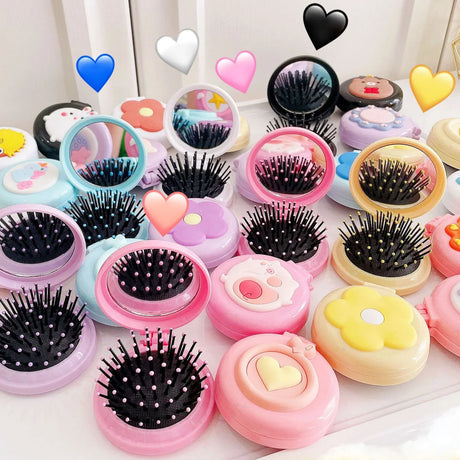 Baby Girls Kawaii Cute Cartoon Animal Folding Massage Comb with Makeup Mirror for Children Travel Portable Plastic Hair Brush