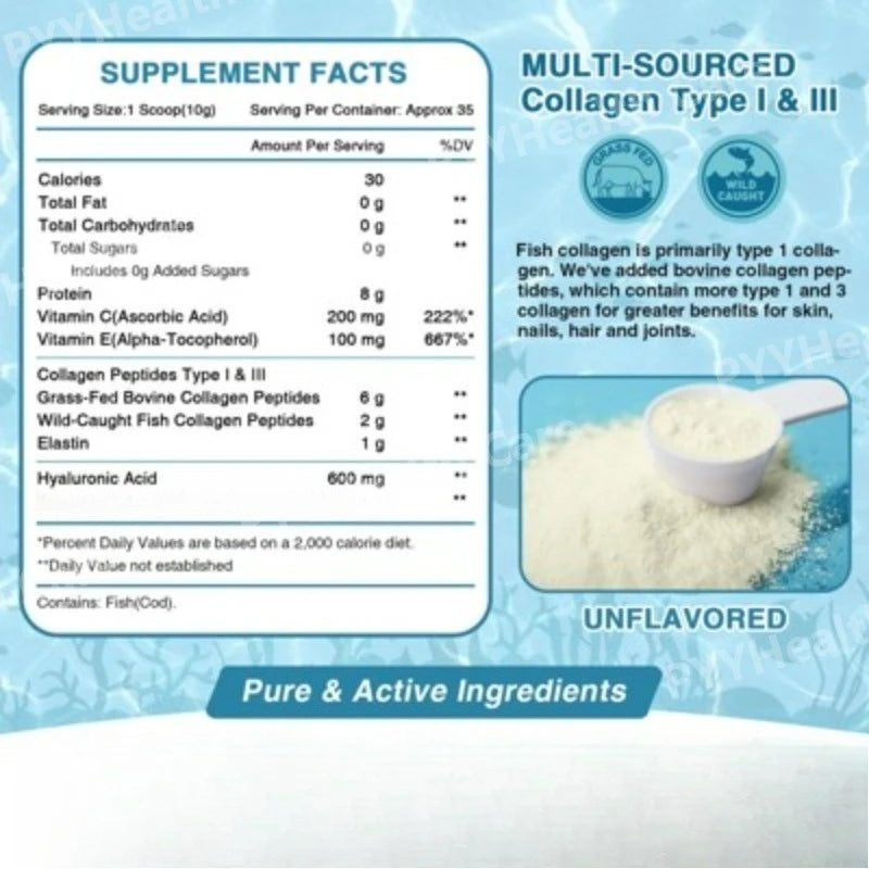 Marine Collagen Peptides Powder - Type I III Collagen with Probiotics, Vitamin C & Hyaluronic- Unflavored - 12.35oz/35 Servings