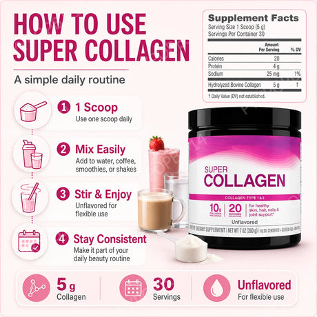 Super Collagen Powder Type 1 & 3 Hydrolyzed Bovine Collagen Supports Healthy Looking Skin Hair Nails Unflavored 20 Servings