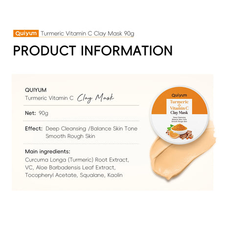 Quiyum Turmeric Vitamin C Clay Mask 90g Deep Cleansing Balance Skin Tone Smooth Rough Skin Kaolin Clay Face Mask with Aloe