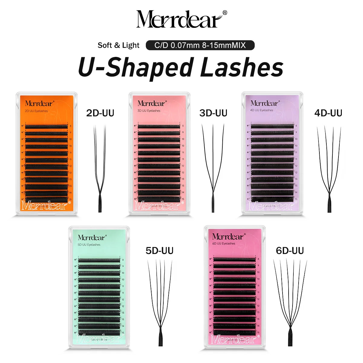 Merrdear C/D U-Shaped 2D/3D/4D/5D/6D Mix 8-15MM False Eyelashes Professional Handmade Natural Volume Lashes Supplies