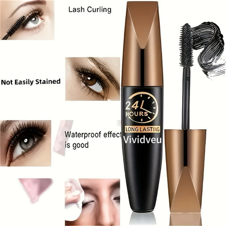 2PCS Waterproof Fiber Mascara + puff, providing curl and volume, long-lasting black formula, waterproof, smudge-resistant, non-s