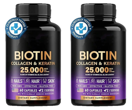 Biotin Capsules Contain Collagen and Vitamin B2, B3, B6 & B7 for Women Men Hair Care Supplements Skin & Nails Support 60 Pieces