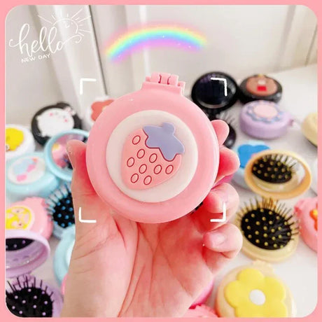 Baby Girls Kawaii Cute Cartoon Animal Folding Massage Comb with Makeup Mirror for Children Travel Portable Plastic Hair Brush