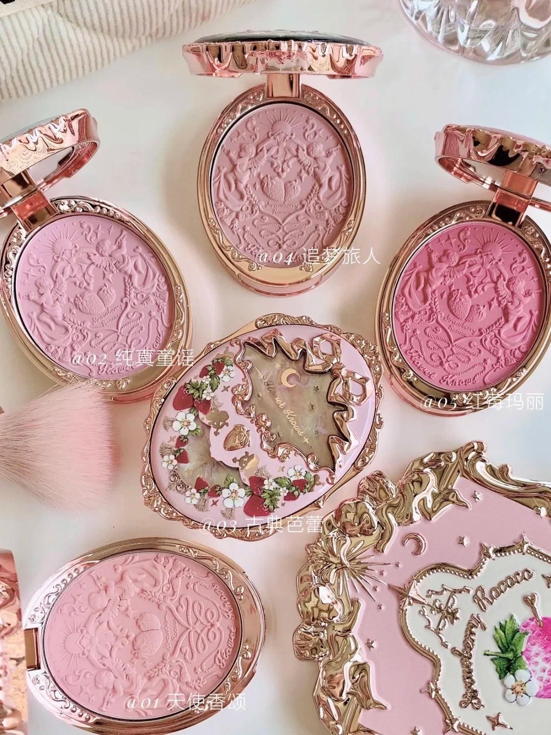 Flower Knows Strawberry Rococo Blush 02 Embossed Blush Face Makeup Matte Shimmer Waterproof Natural Nude Brightening Cheek