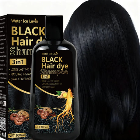 Black Hair Dye Shampoo 3in1 with Ginger & Biotin - Long Lasting Color & Gray Coverage for Vibrant Hair