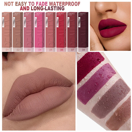 DUNUF 8-Color Matte Velvet Smooth Easy-to-Apply Square Tube Lip Gloss Waterproof Three-Dimensional Plumping Lipstick
